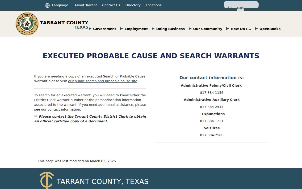 Tarrant County executed warrant records search instructions from the District Clerk