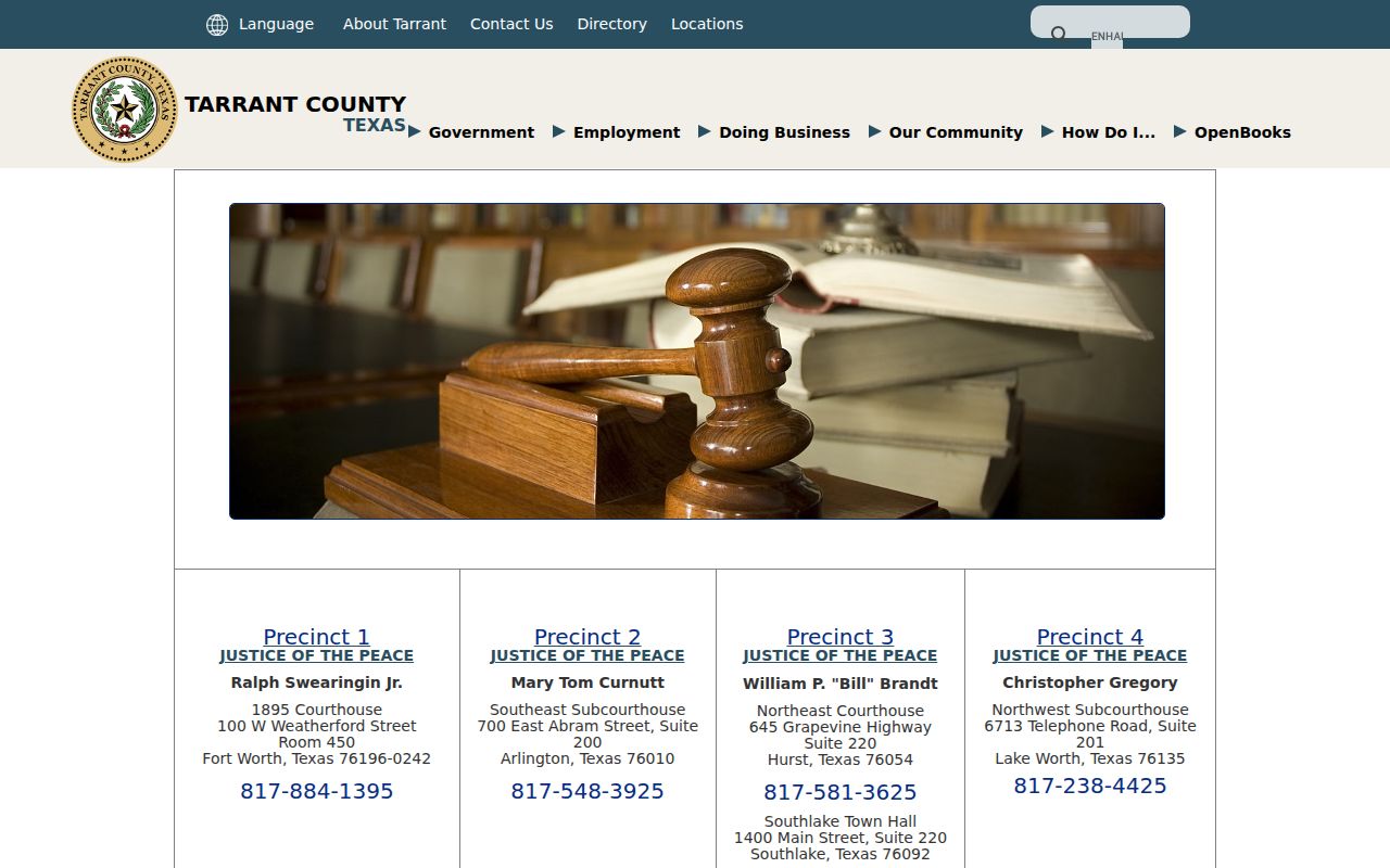 Tarrant County bench warrant search routes through eight Justice of the Peace courts