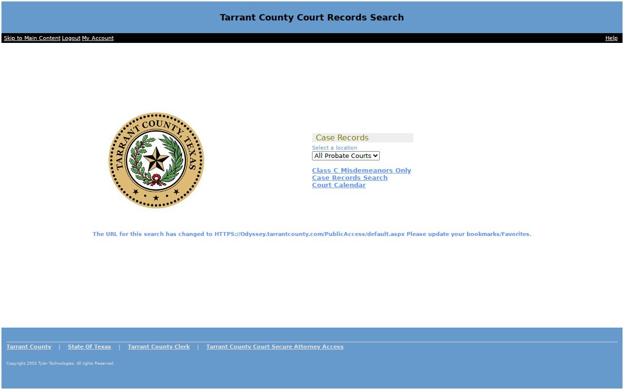 Tarrant County warrant search begins with an Odyssey court and location selection