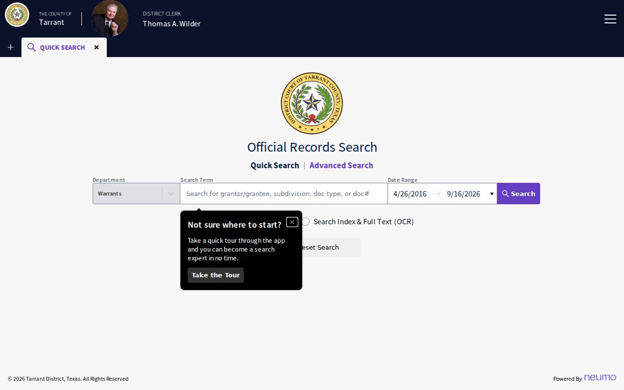 Tarrant County District Clerk public search controls for executed warrant documents