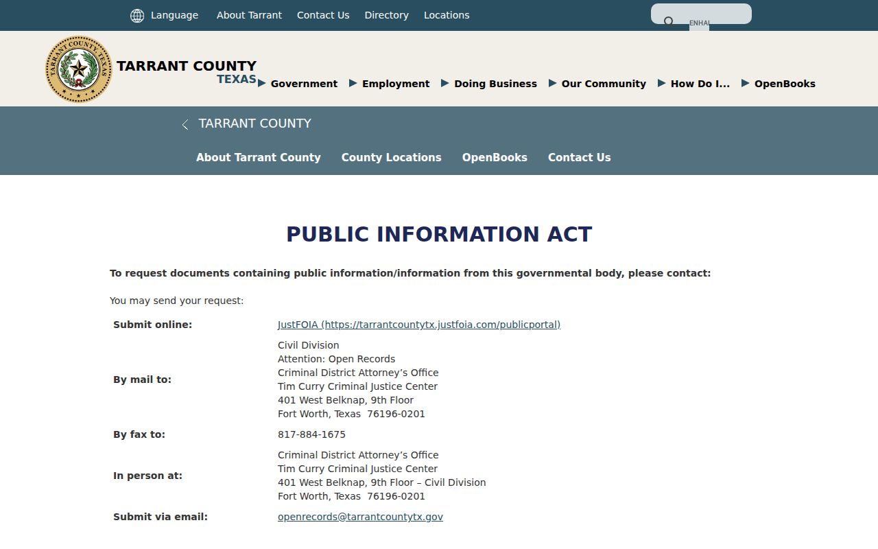 Tarrant County warrant record requests through the Public Information Act portal