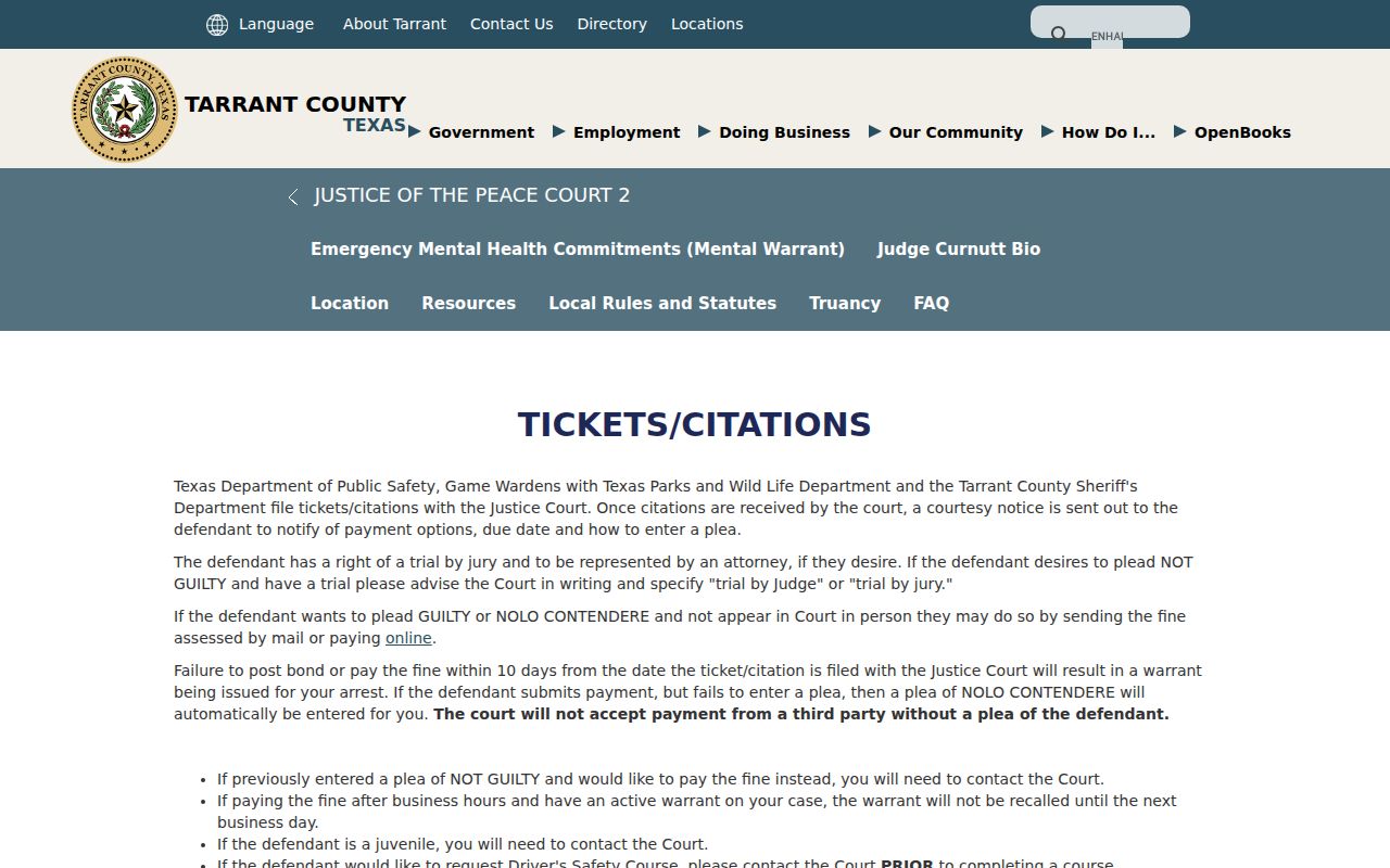 Tarrant County JP citation instructions connecting missed court dates and payment deadlines with warrant process