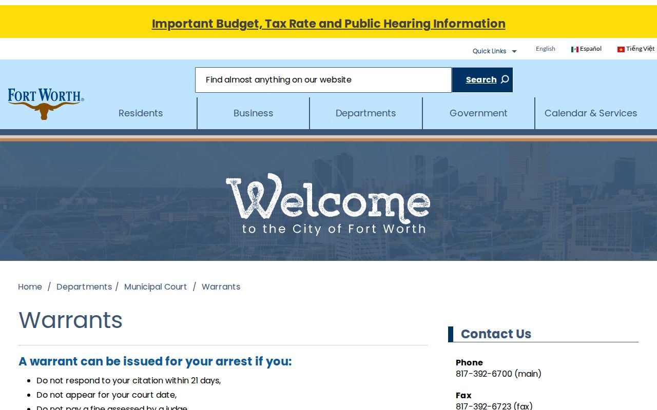 Tarrant County Fort Worth warrant records and Municipal Court process