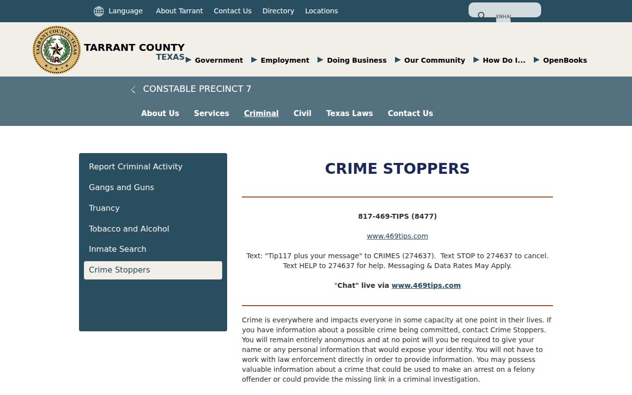 Tarrant County warrant program anonymous tip-line instructions from Crime Stoppers