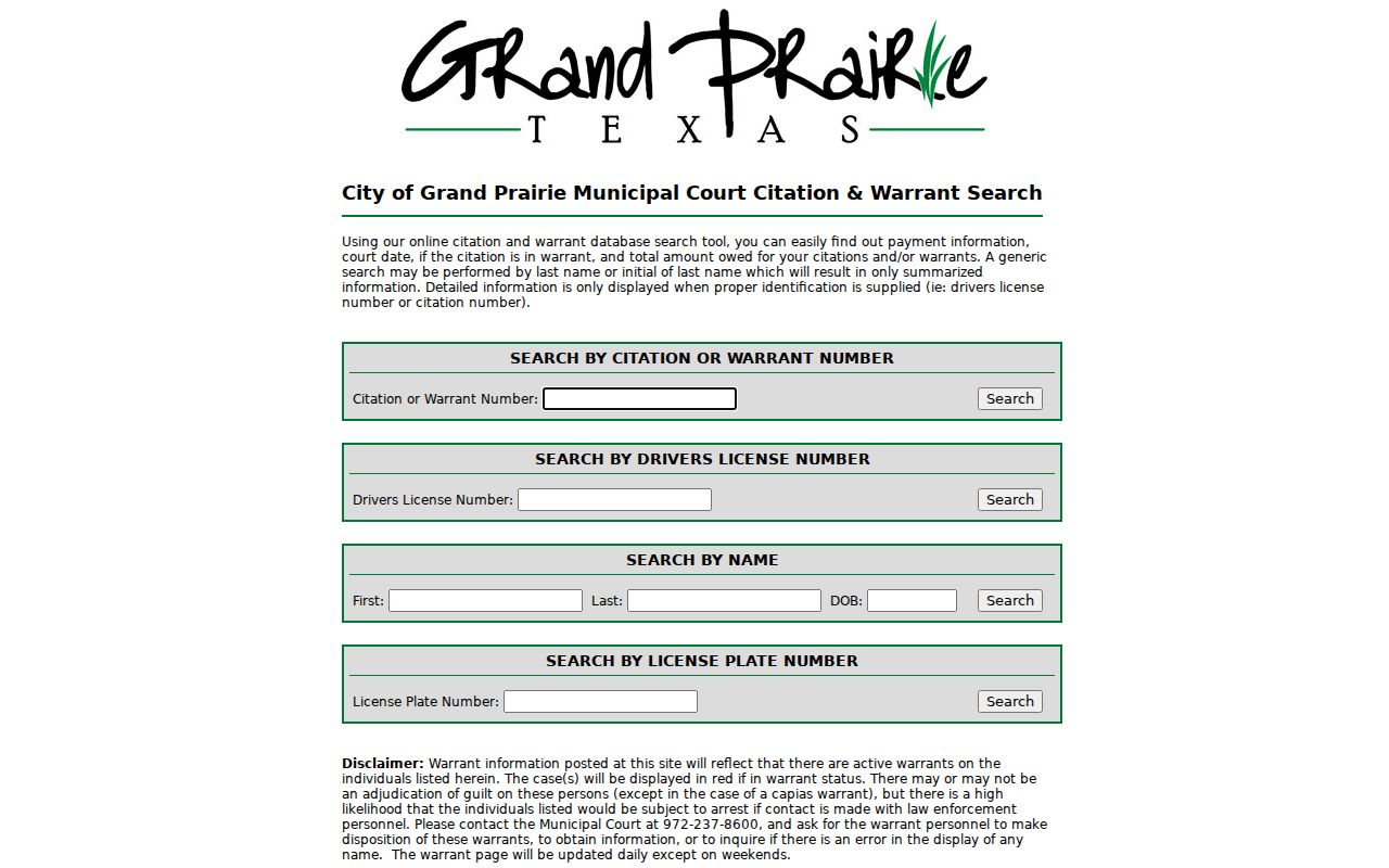 Grand Prairie municipal citation and warrant search fields and result-status guidance