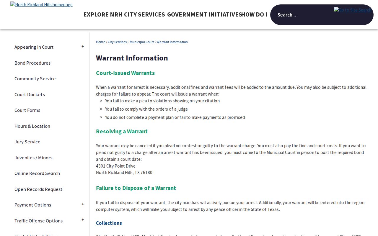 North Richland Hills warrant resolution information describing court filing requirements
