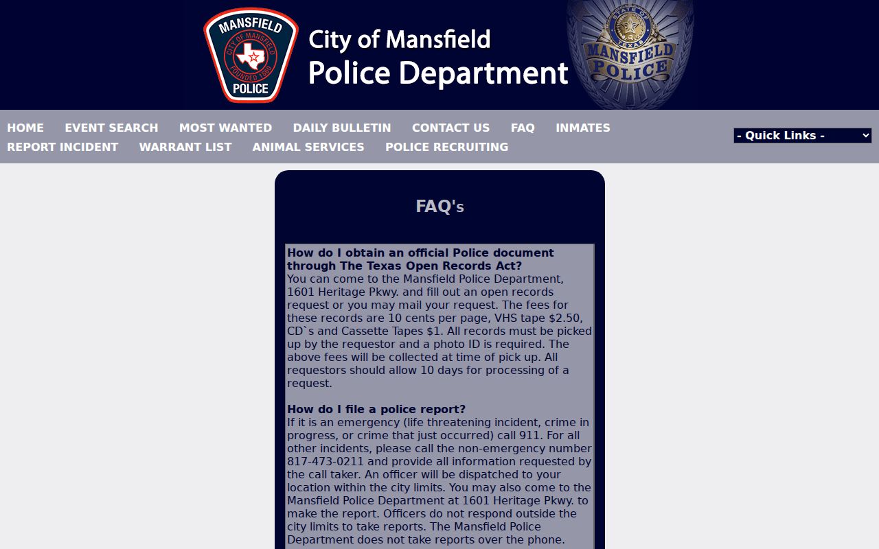 Tarrant County Mansfield warrant search navigation for the city's alphabetical P2C list