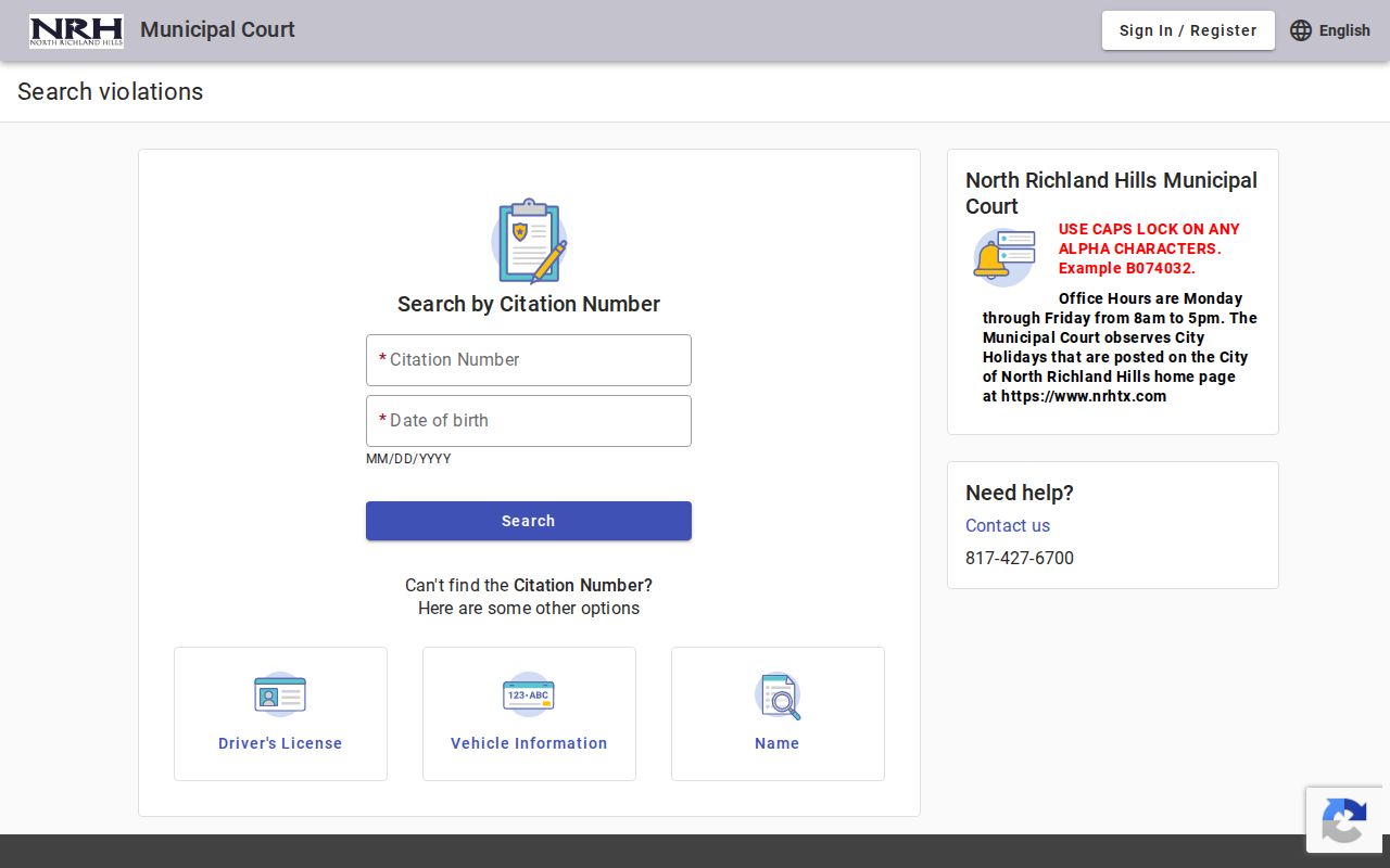 North Richland Hills municipal warrant portal showing person, citation, vehicle, and business search routes