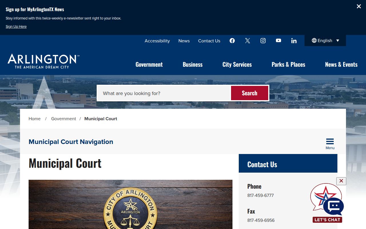 Arlington Municipal Court contact page within Tarrant County