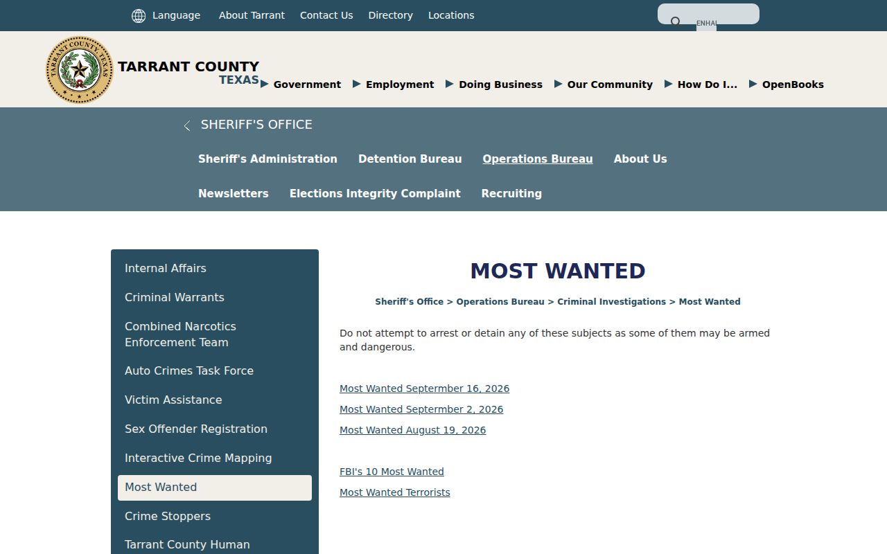 Tarrant County Most Wanted program page and official warrant-list links