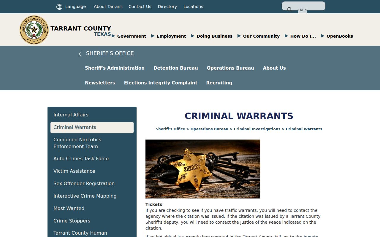 Tarrant County warrant records access policy from the Sheriff's Criminal Warrants Division