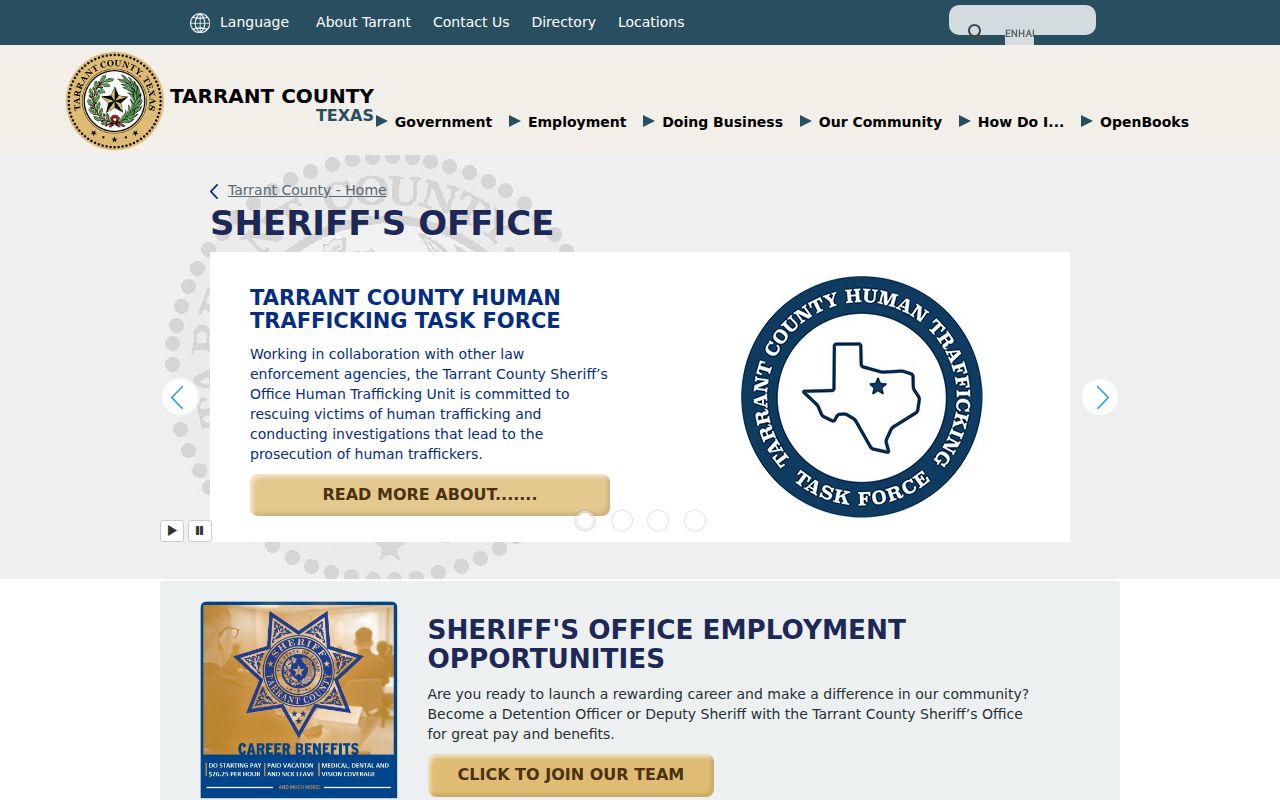 Tarrant County Sheriff's homepage links to bond, records, warrant, and Most Wanted information