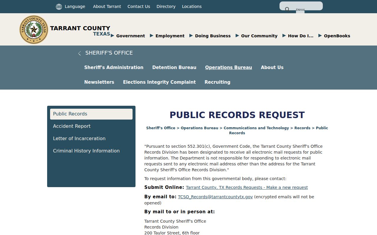 Tarrant County warrant record request instructions from Sheriff's Records Division